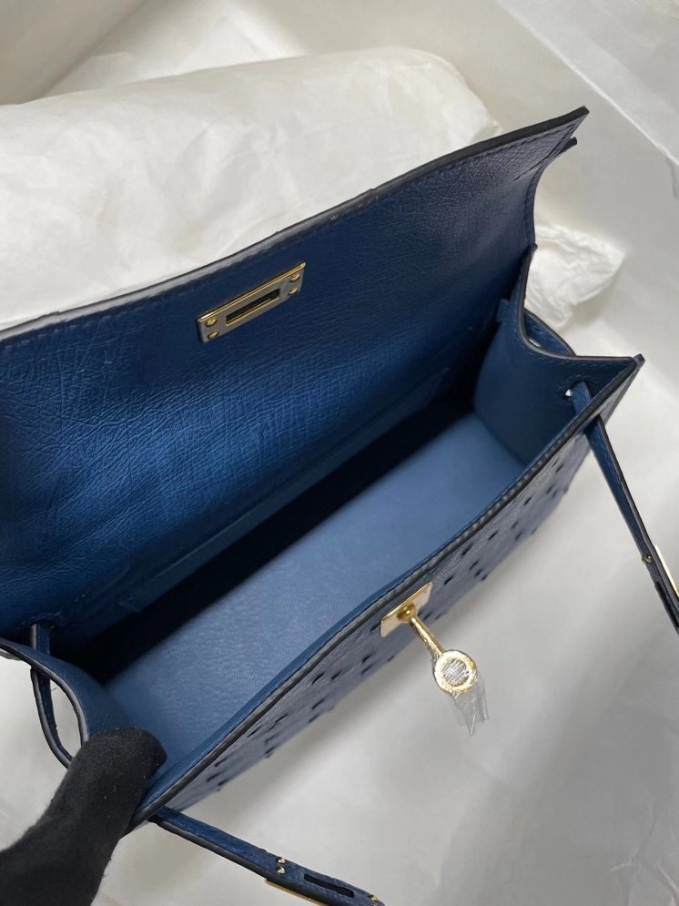 Hermes Mini Kelly Pochette 22cm Bag In Blue Thalassa Ostrich Leather